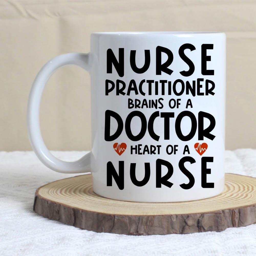Tailorly White Ceramic 11 oz Mug - Nurse Practitioner Brains Of A Doctor Heart Of A Nurse Simple Medical Themed Design With Two Small Red Heart EKG Icons Mug