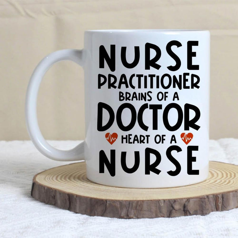 Tailorly White Ceramic 11 oz Mug - Nurse Practitioner Brains Of A Doctor Heart Of A Nurse Simple Medical Themed Design With Two Small Red Heart EKG Icons Mug