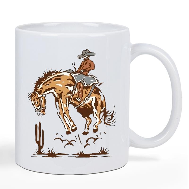 Tailorly White Ceramic 11 oz Mug - Western Rodeo Cowboy Riding A Bucking Wild Brown Animal In The Desert Horse