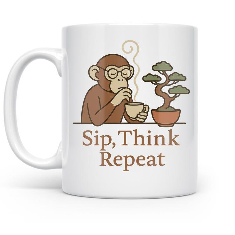 Tailorly White Ceramic 11 oz Mug - Sip Think Repeat Thoughtful Wearing Glasses Sipping Hot Tea Next To Potted Bonsai Tree Monkey