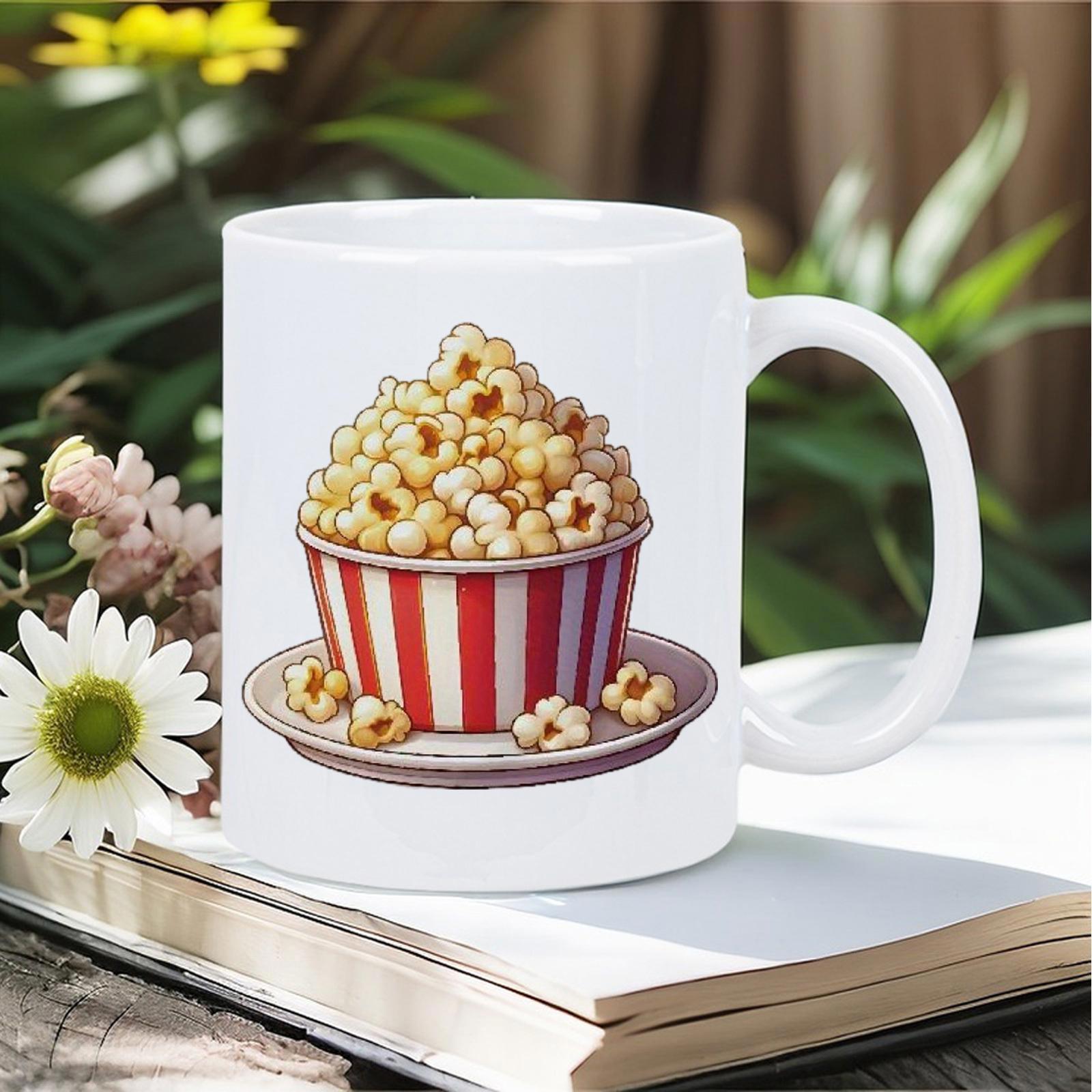 Tailorly White Ceramic 11 oz Mug - Delicious Red And White Striped Bucket Filled With Warm Buttered Popcorn