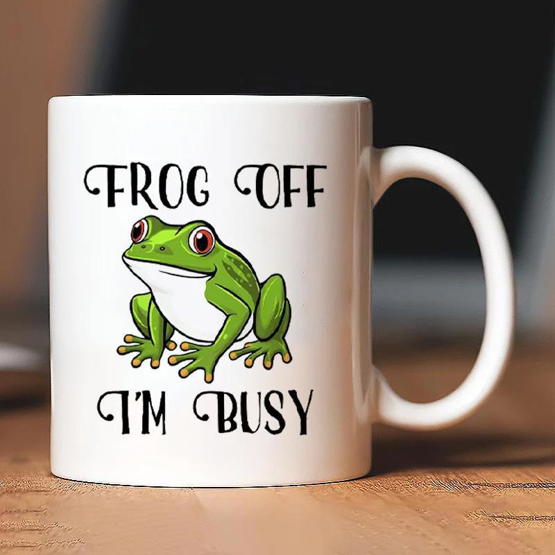 Tailorly White Ceramic 11 oz Mug - Frog Off Im Busy Sitting Vibrant Green Tree Frog With Large Expressive Eyes Frog