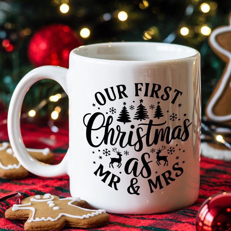 Tailorly White Ceramic 11 oz Mug - Our First Christmas As Mr And Mrs Festive Evergreen Trees With Reindeer And Snowflakes Dancing In Circular Formation Mug