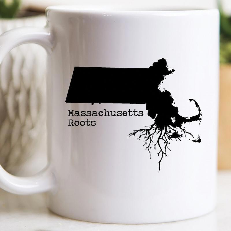 Tailorly White Ceramic 11 oz Mug - Massachusetts Roots Minimalist Black State Map With Intricate Branching Organic Tree Roots Silhouette