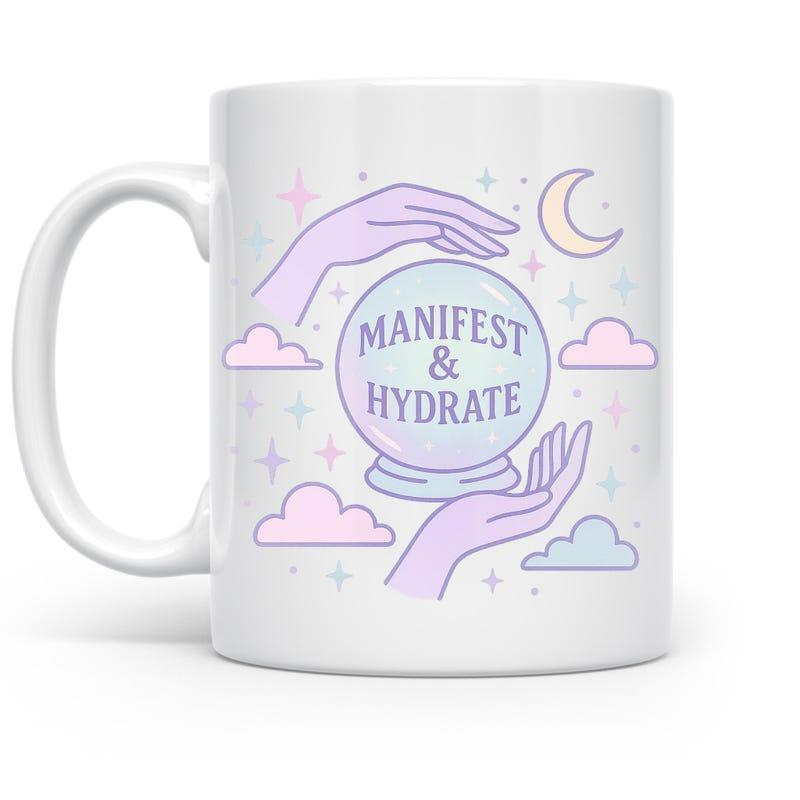 Tailorly White Ceramic 11 oz Mug - Manifest Hydrate Mystical Hands Surrounding A Glowing Crystal Ball Under Crescent Moon And Stars Ball