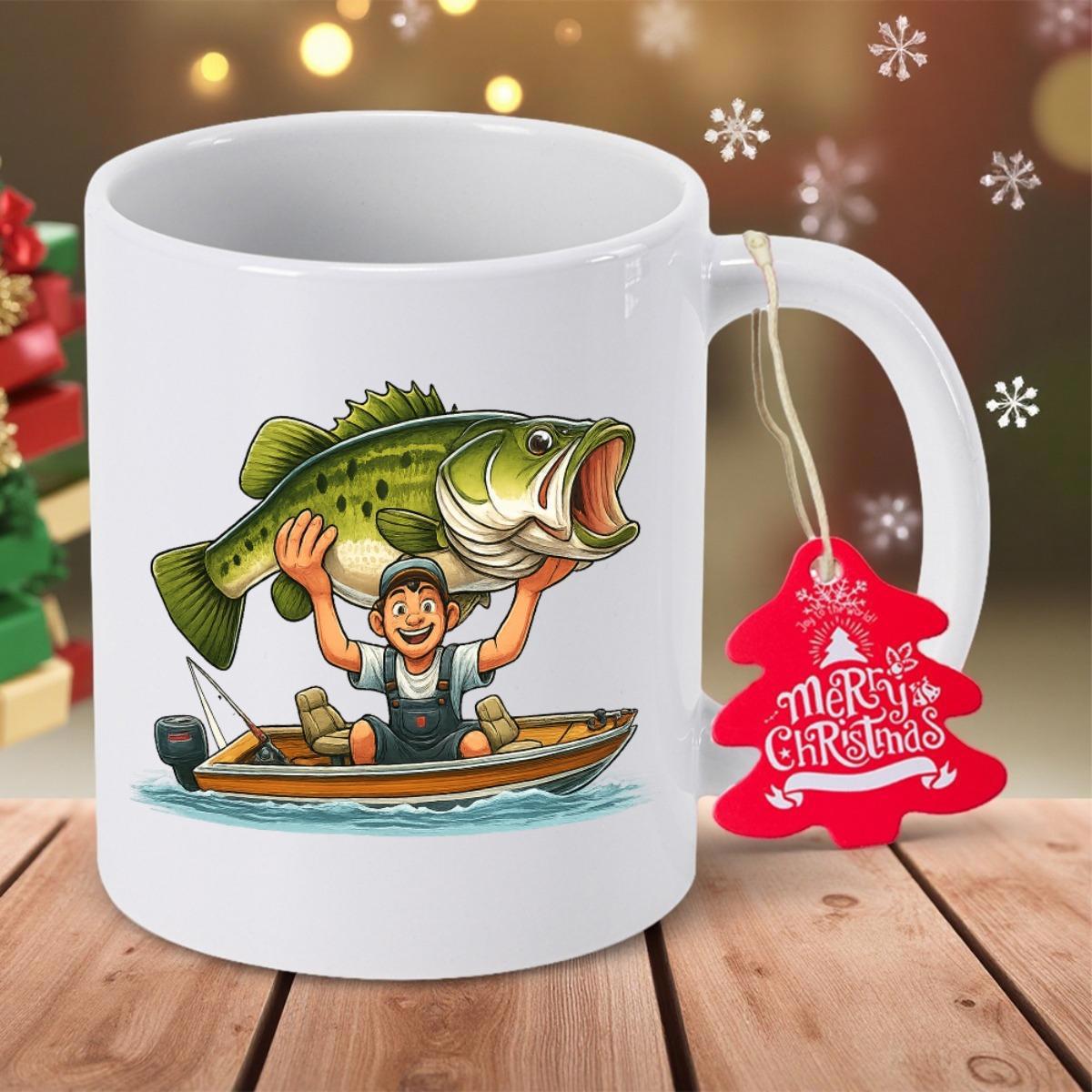 Tailorly White Ceramic 11 oz Mug - Happy Cartoon Fisherman Holding A Giant Green Largemouth Bass Over Rippling Water Bass