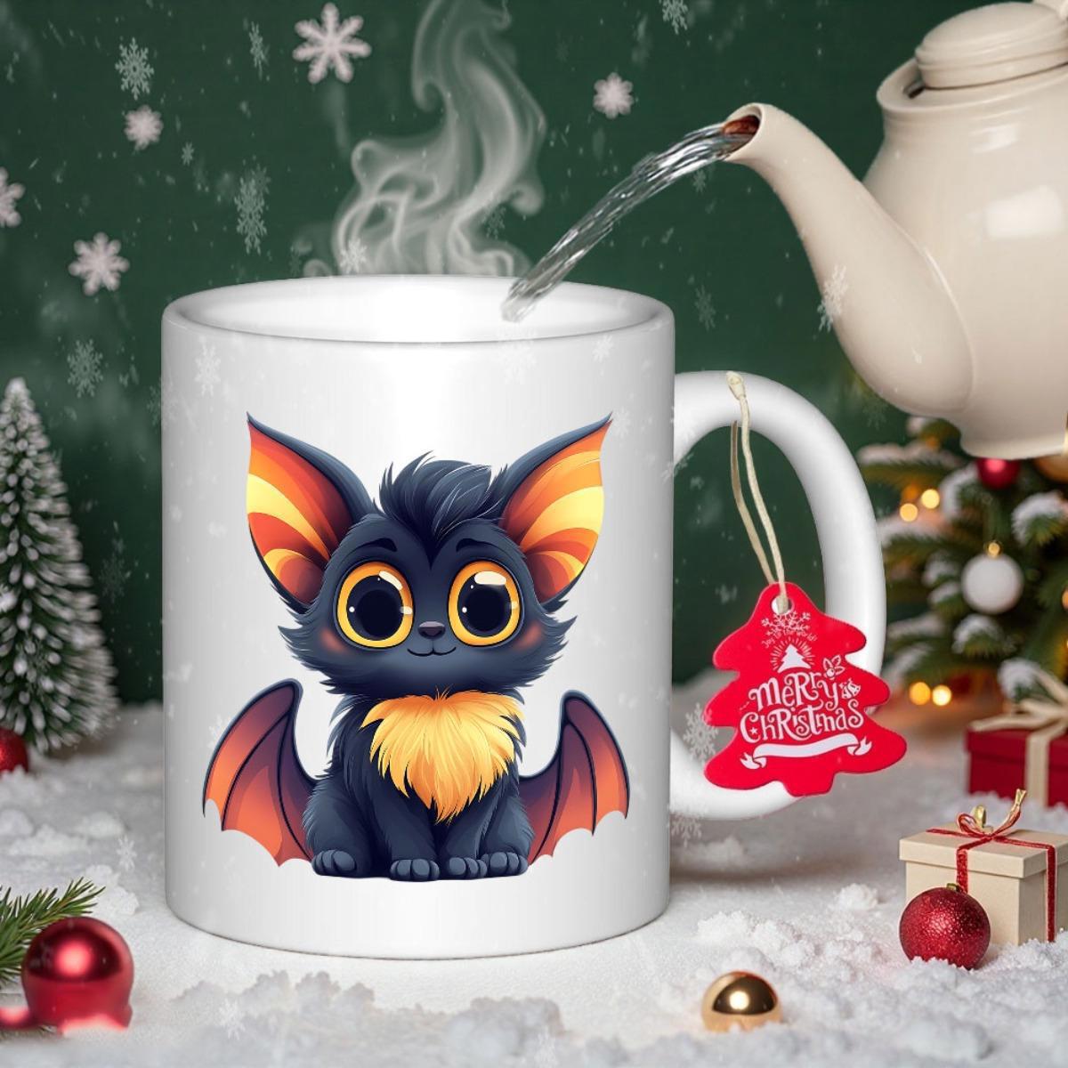 Tailorly White Ceramic 11 oz Mug - Merry Christmas Adorable Creature With Large Glowing Eyes And Vibrant Orange Bat Wings Bat