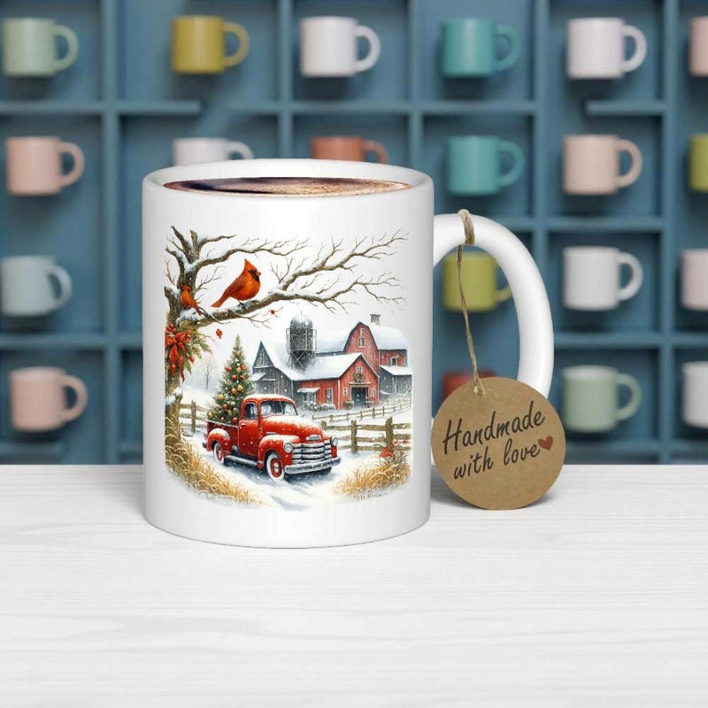 Tailorly White Ceramic 11 oz Mug - Handmade With Love Vintage Red Truck In Winter Landscape With Snow Covered Barn Truck