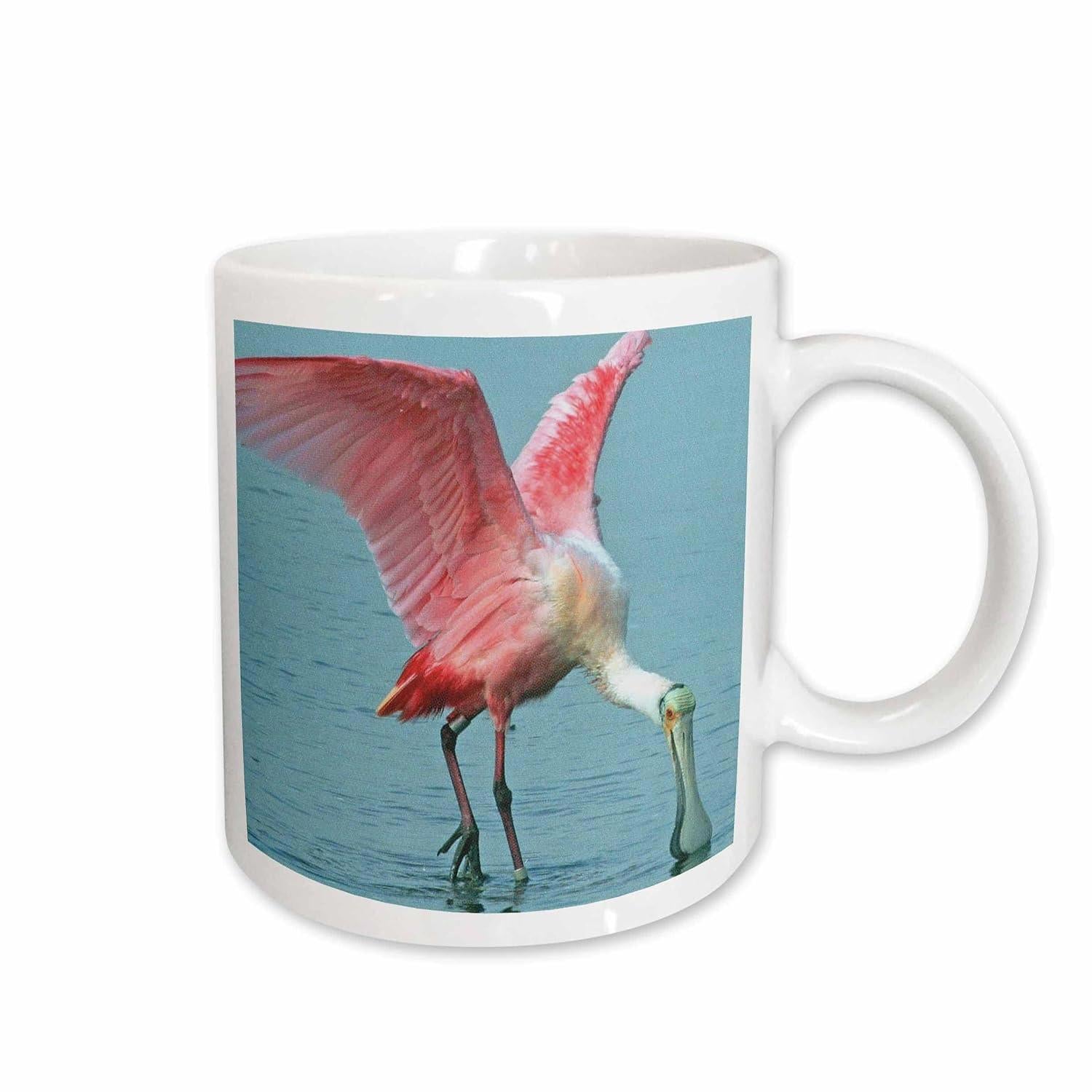 Tailorly White Ceramic 11 oz Mug - Graceful Roseate Spoonbill Spreading Vibrant Pink Wings Among Shimmering Shallow Water Bird