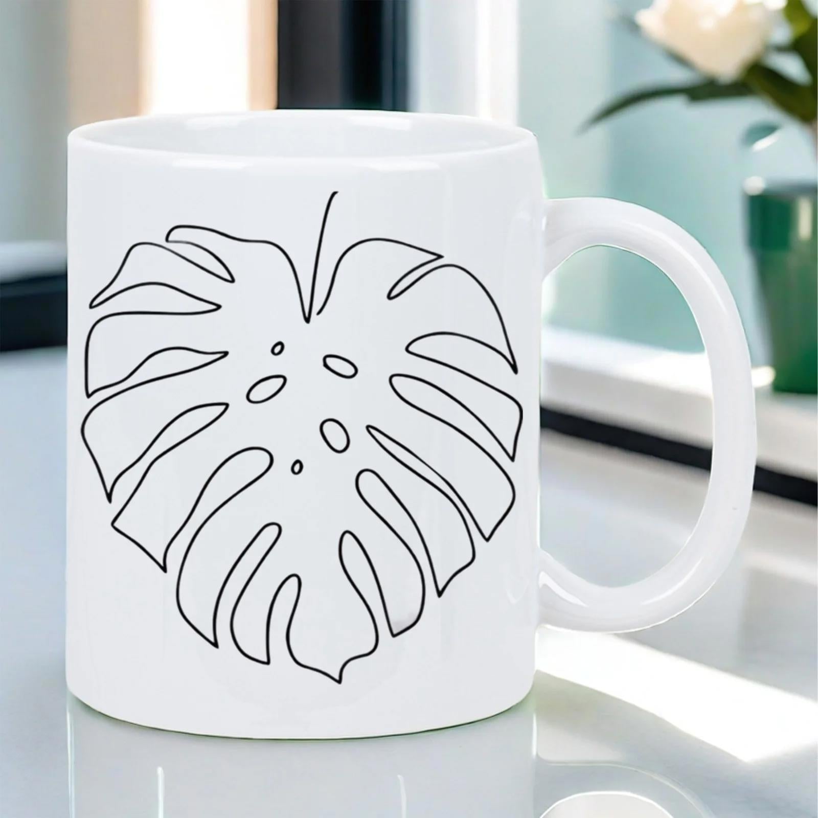 Tailorly White Ceramic 11 oz Mug - Minimalist Black Line Art Sketch Featuring A Tropical Greenery Monstera Leaf