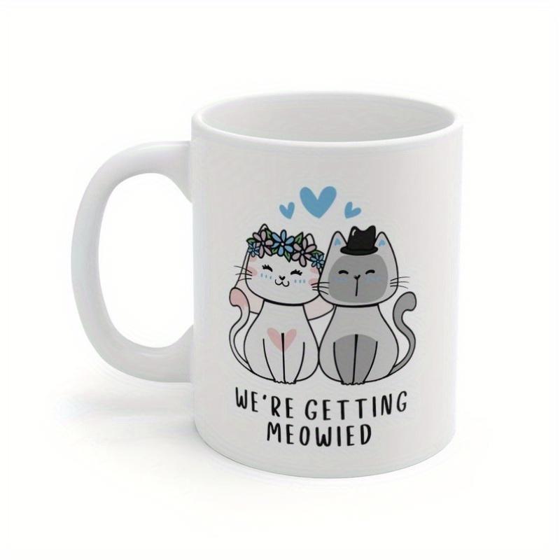 Tailorly White Ceramic 11 oz Mug - We're Getting Meowied Adorable Feline Couple Wearing Wedding Accessories Under Floating Blue Hearts Cat