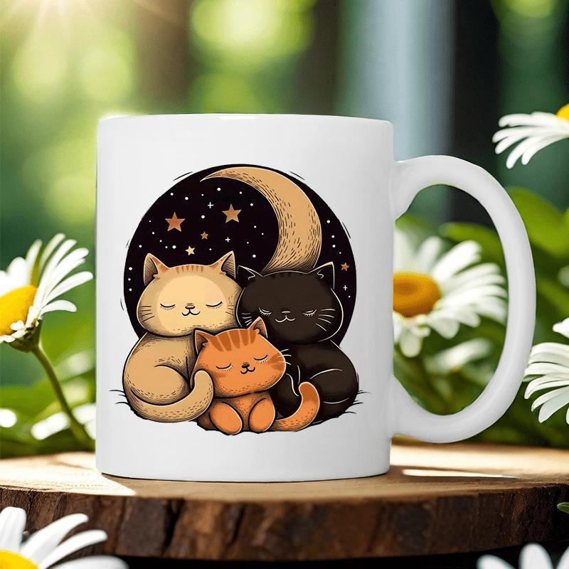 Tailorly White Ceramic 11 oz Mug - Three Sleeping Cartoon Felines Huddled Beneath A Golden Crescent Moon Cats