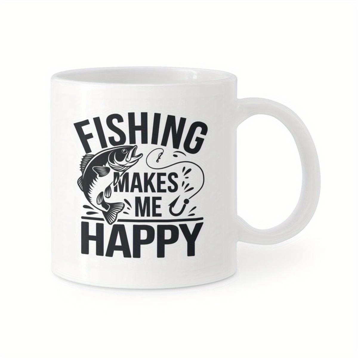 Tailorly White Ceramic 11 oz Mug - Fishing Makes Me Happy Jumping Out Of The Water With A Sharp Curved Hook And Line Fish