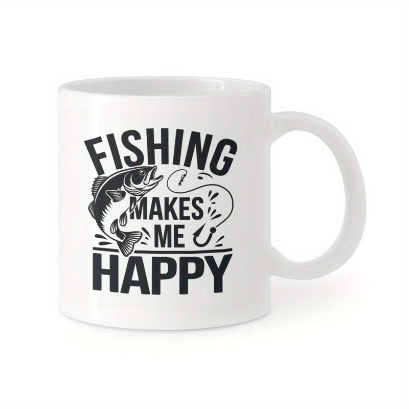 Tailorly White Ceramic 11 oz Mug - Fishing Makes Me Happy Jumping Out Of The Water With A Sharp Curved Hook And Line Fish