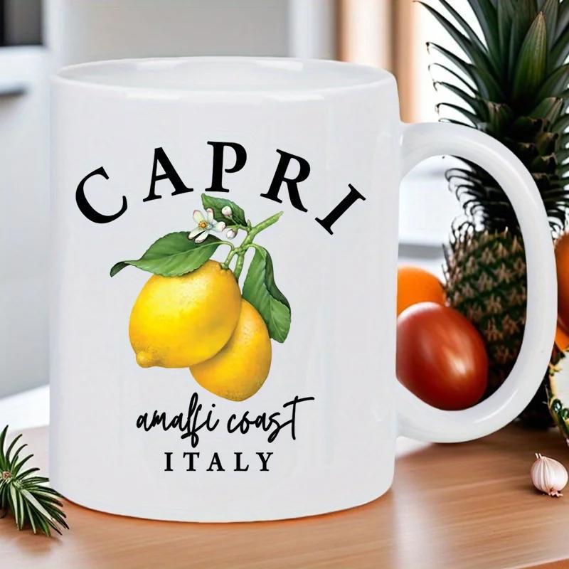 Tailorly White Ceramic 11 oz Mug - Capri Amalfi Coast Italy Two Vibrant Yellow Lemons Hanging From A Green Leafy Branch Lemon