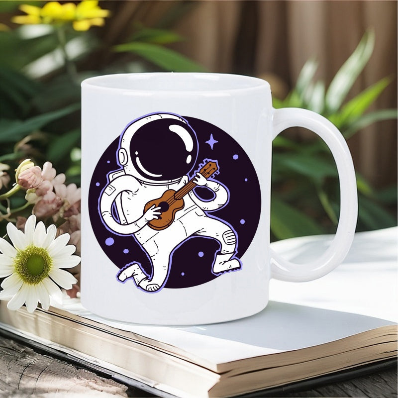 Tailorly White Ceramic 11 oz Mug - Whimsical Space Explorer Playing Musical Instrument Among Twinkling Purple Galaxy Stars Astronaut