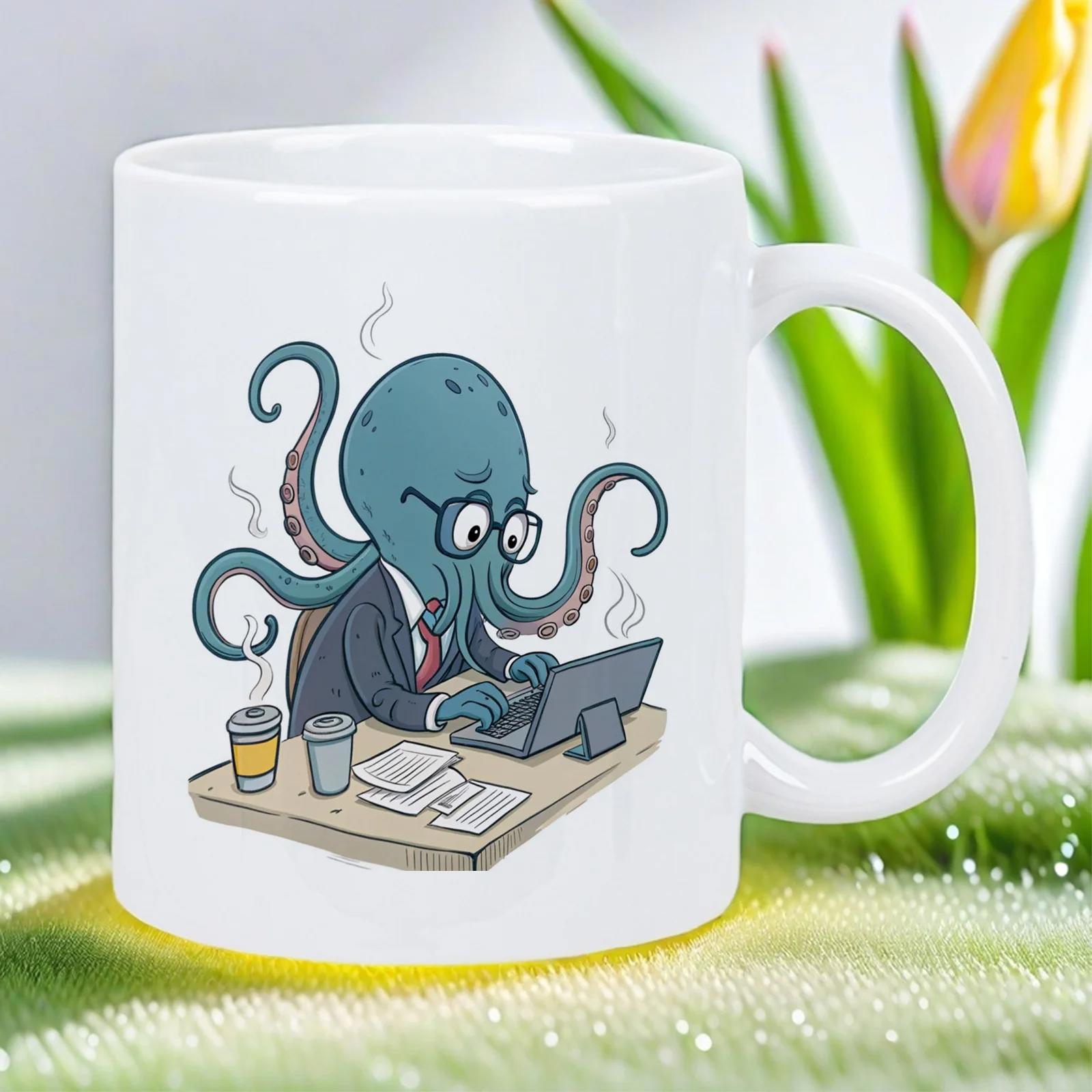 Tailorly White Ceramic 11 oz Mug - Professional Blue Cartoon Octopus Wearing Suit And Glasses Using Laptop Octopus