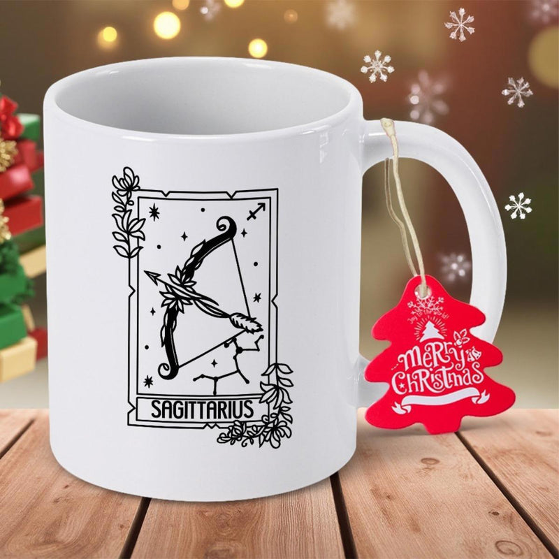 Tailorly White Ceramic 11 oz Mug - Sagittarius Minimalist Black Line Art Celestial Bow And Arrow Tarot Style Archer