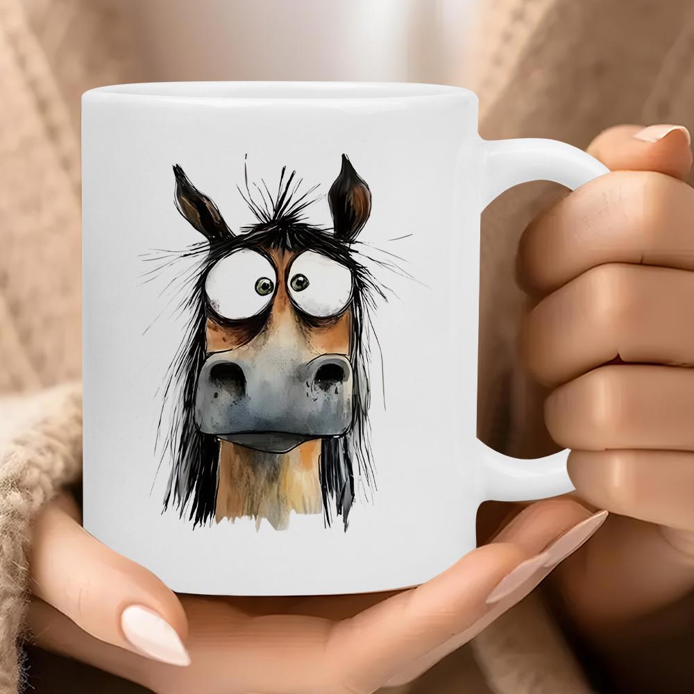 Tailorly White Ceramic 11 oz Mug - Funny Cartoon Animal With Big Curious Eyes And Messy Mane Horse