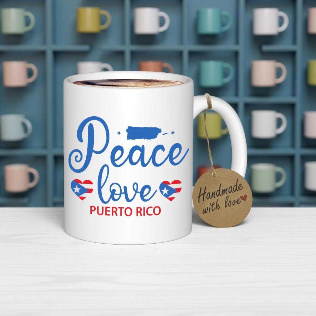 Tailorly White Ceramic 11 oz Mug - Peace Love Puerto Rico Colorful Hearts Featuring Vibrant National Flag Map Silhouette Mug
