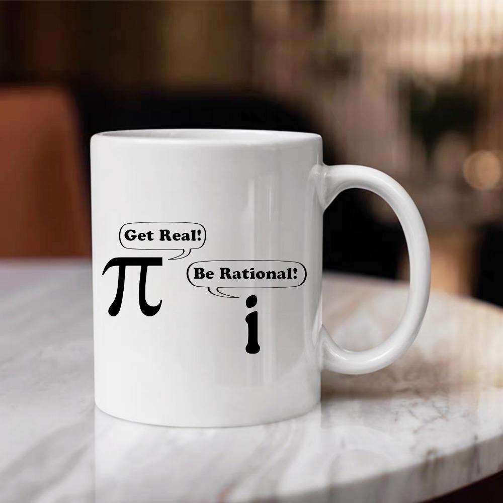 Tailorly White Ceramic 11 oz Mug - Get Real Be Rational Minimalist Black Mathematical Symbols Interacting With Speech Bubbles Equation
