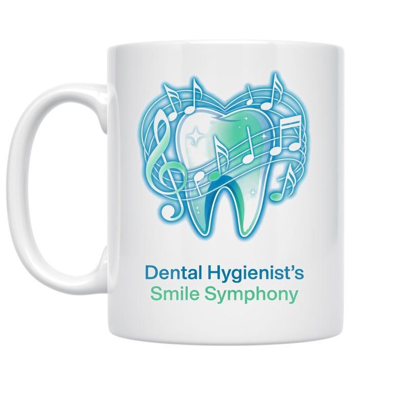 Tailorly White Ceramic 11 oz Mug - Dental Hygienist's Smile Symphony Artistic Gradient Tooth Wrapped Within Musical Staff And Blue Notes Mug