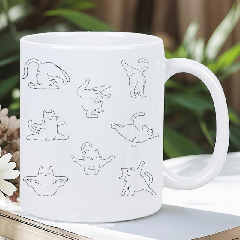 Tailorly White Ceramic 11 oz Mug - Minimalist Line Drawing Of Playful Kittens Stretching In Various Yoga Poses Cat