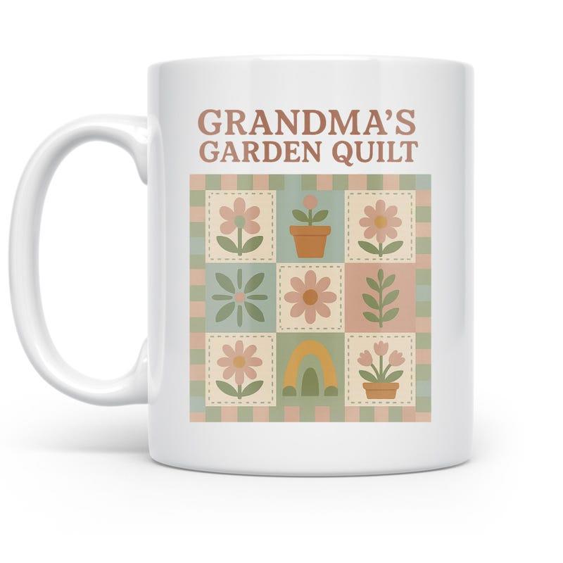 Tailorly White Ceramic 11 oz Mug - Grandmas Garden Quilt Elegant Floral Grid Pattern Surrounded By Earthy Tones And Blossoms Quilt