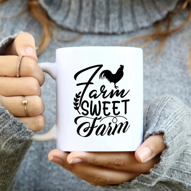 Tailorly White Ceramic 11 oz Mug - Farm Sweet Farm Proud Crowing Rooster Standing Above Elegant Script Among Simple Foliage Rooster