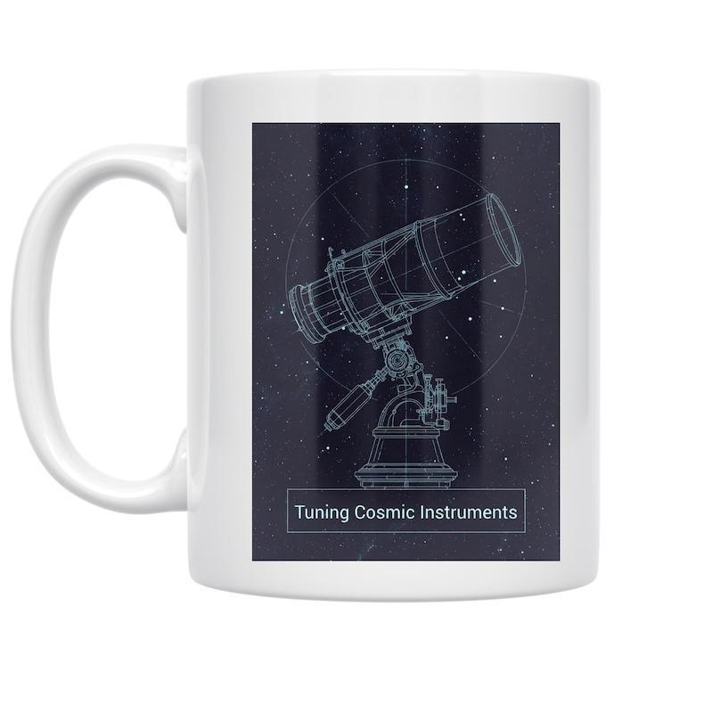 Tailorly White Ceramic 11 oz Mug - Tuning Cosmic Instruments Detailed Scientific Blueprint Style Telescope Pointing Towards The Deep Starry Night Sky Telescope