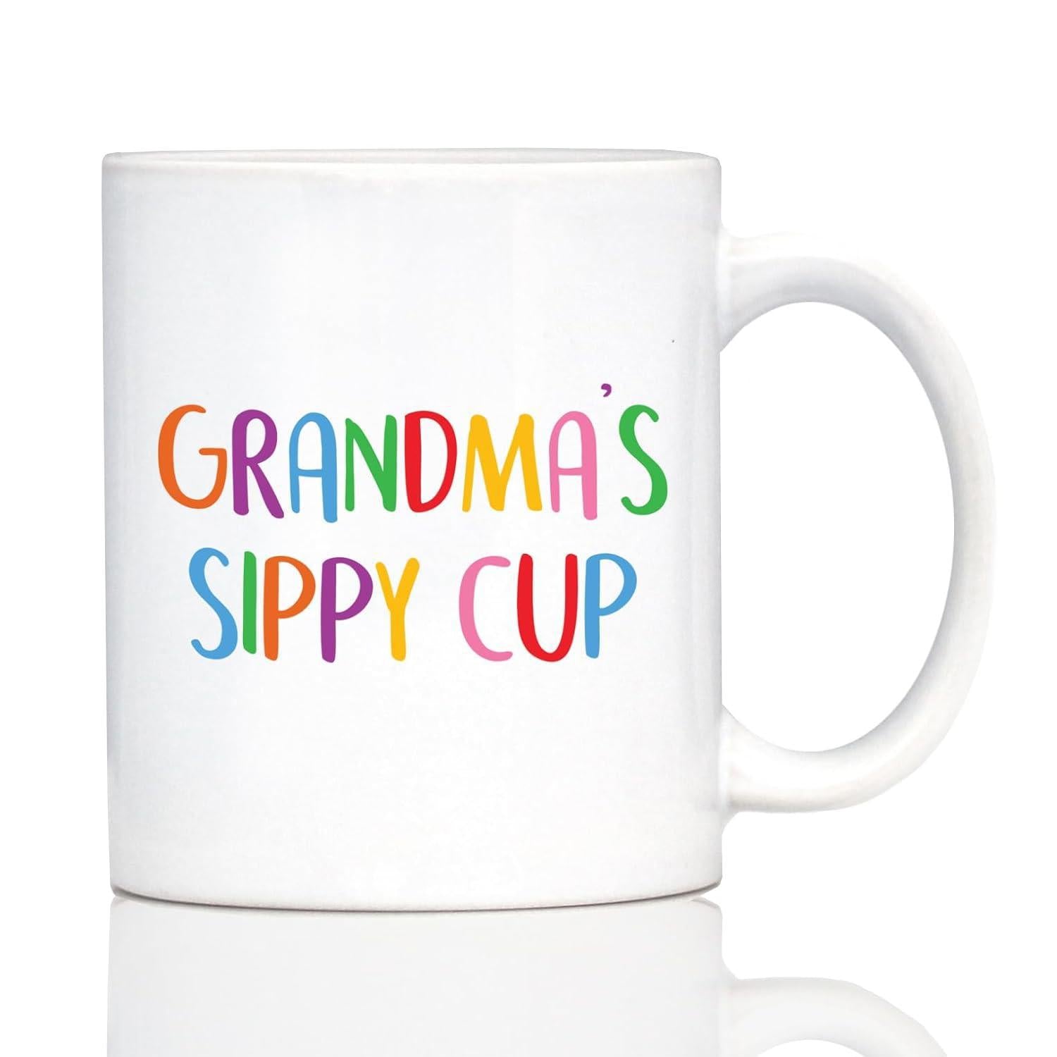 Tailorly White Ceramic 11 oz Mug - Grandmas Sippy Cup Minimalist With Vibrant Multi Colored Playful Lettering Mug