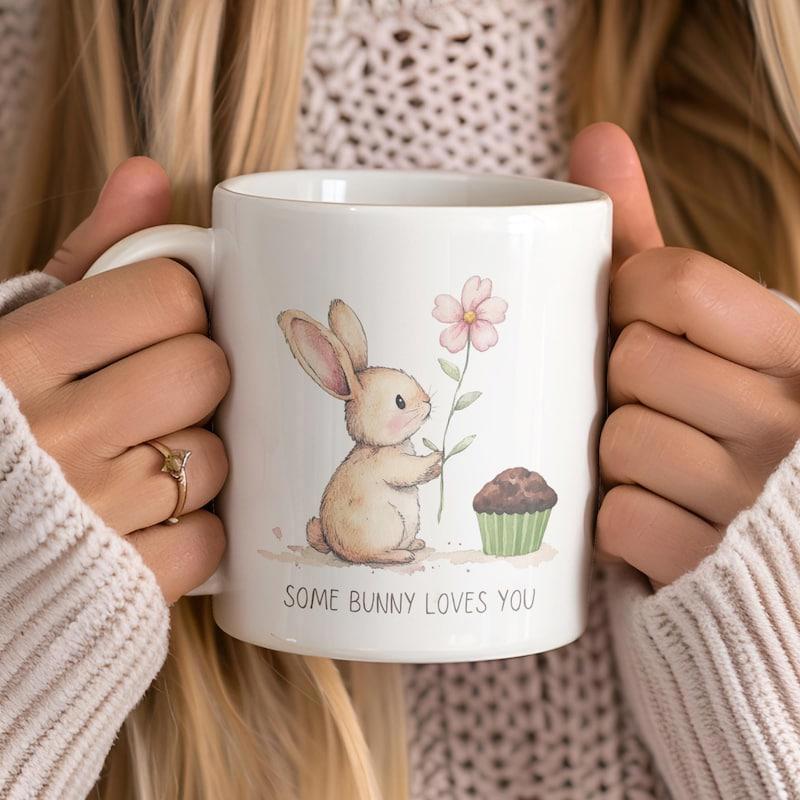 Tailorly White Ceramic 11 oz Mug - Some Bunny Loves You Adorable Watercolor Bunny Holding Pink Flower Next To Cupcake Rabbit