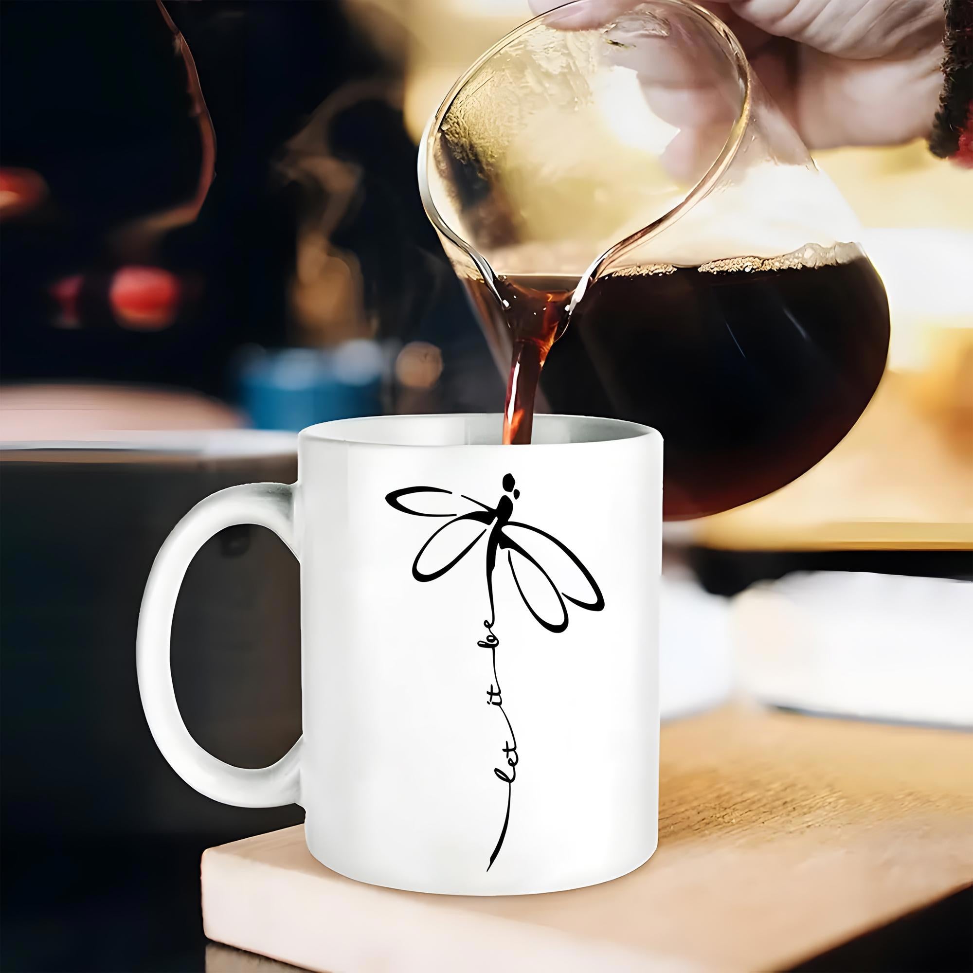 Tailorly White Ceramic 11 oz Mug - Love Minimalist Black Ink Style Line Art Drawing With Elegant Wings Dragonfly