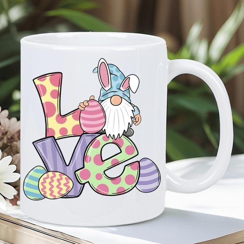 Tailorly White Ceramic 11 oz Mug - Love Adorable Easter Theme Featuring Bunny Ears And Colorful Patterned Eggs Gnome