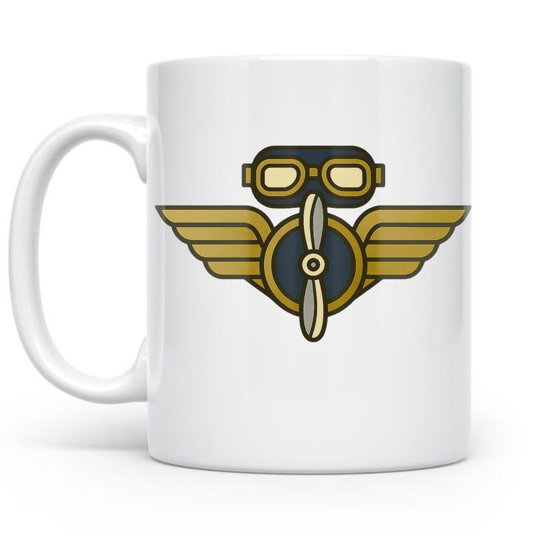 Tailorly White Ceramic 11 oz Mug - Classic Vintage Aviation Wings Featuring Golden Goggles And A Central Propeller