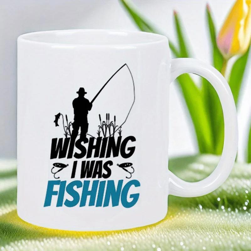 Tailorly White Ceramic 11 oz Mug - Wishing I Was Fishing Serene Silhouette Standing Near Reeds Holding A Long Rod Fisherman