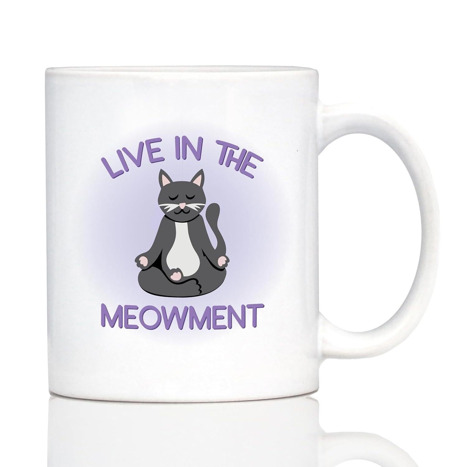 Tailorly White Ceramic 11 oz Mug - Live In The Meowment Zen Cat Sitting In Lotus Meditation Pose Surrounded By Soft Purple Glow Cat
