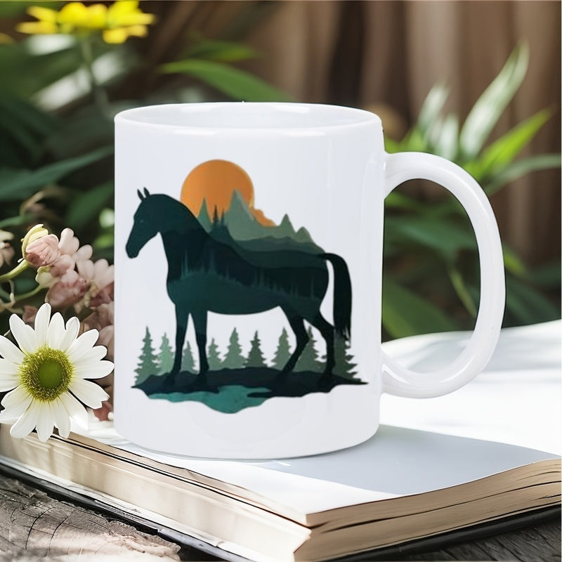 Tailorly White Ceramic 11 oz Mug - Majestic Wild Mountains And Pine Forest Inside A Standing Horse