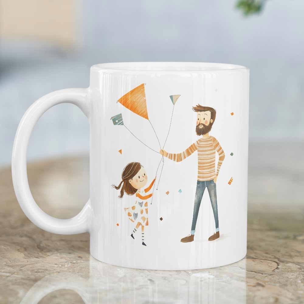 Tailorly White Ceramic 11 oz Mug - Hand Drawn Father And Daughter Flying Colorful Kites Together Illustration