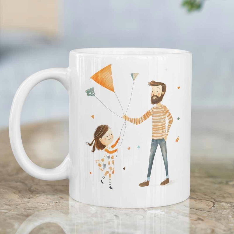 Tailorly White Ceramic 11 oz Mug - Hand Drawn Father And Daughter Flying Colorful Kites Together Illustration