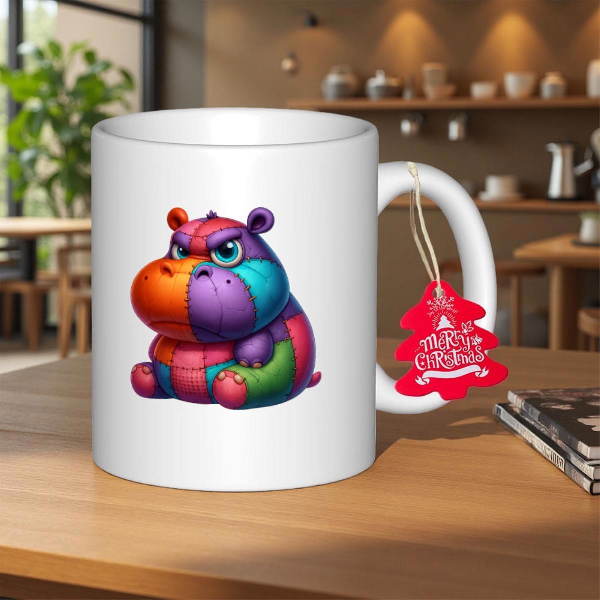 Tailorly White Ceramic 11 oz Mug - Colorful Stitched Patchwork Toy Animal Sitting With Friendly Expression Hippo