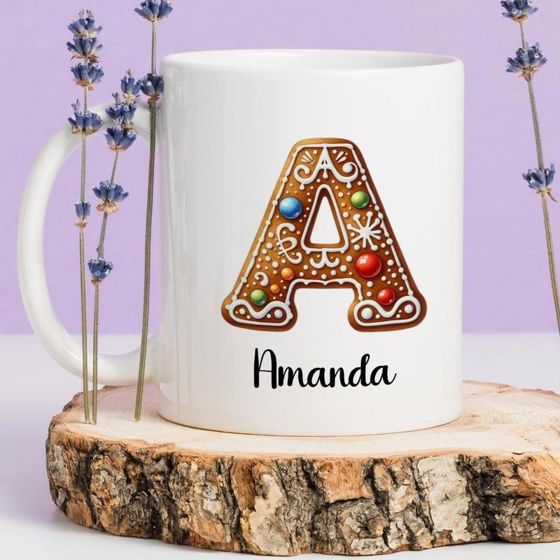 Tailorly White Ceramic 11 oz Mug - Amanda Festive Gingerbread Decorated With Colorful Candies And White Icing Letter
