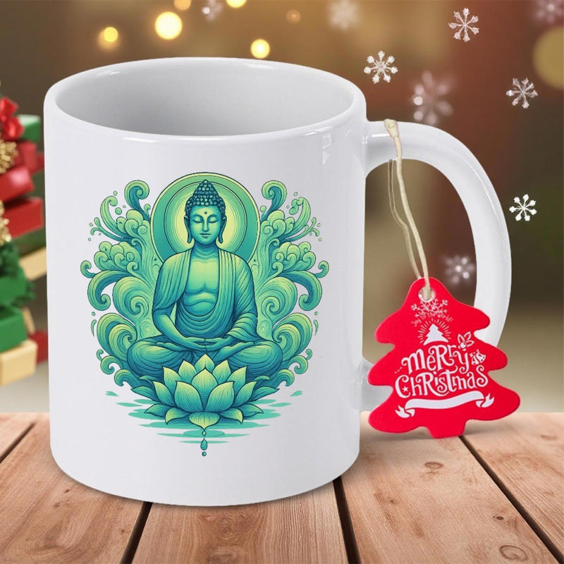 Tailorly White Ceramic 11 oz Mug - Peaceful Meditating Figure Sitting On A Lotus With Decorative Swirls Buddha