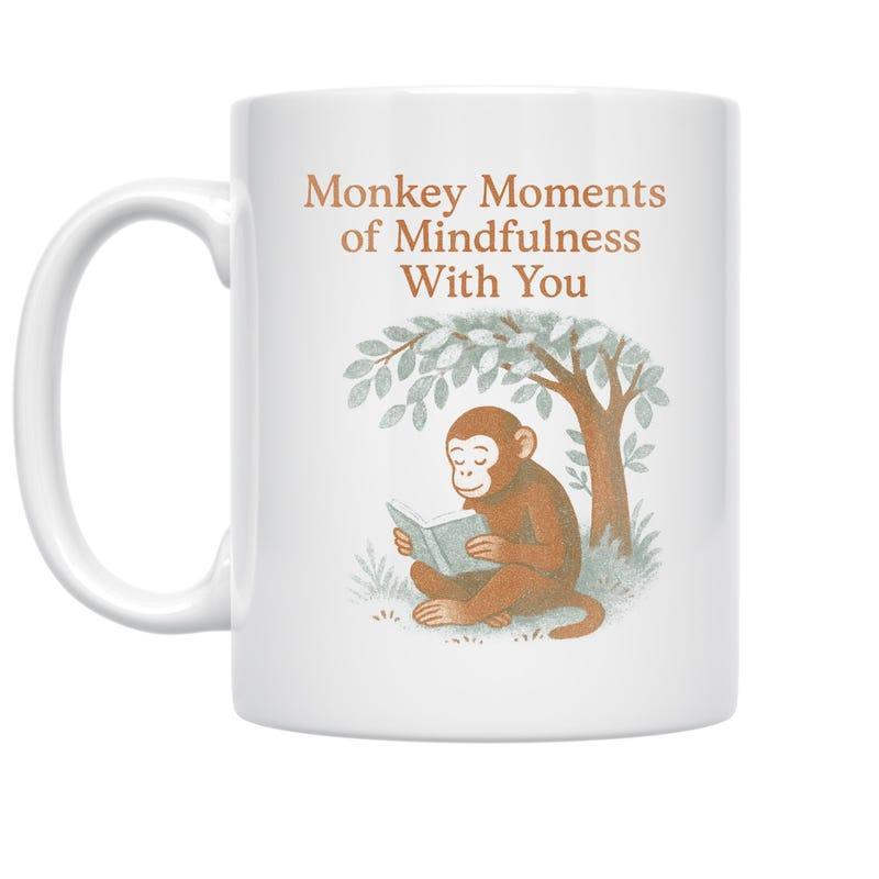 Tailorly White Ceramic 11 oz Mug - Monkey Moments Of Mindfulness With You Peaceful Primate Relaxing Beneath Green Leafy Branches Reading Book Monkey