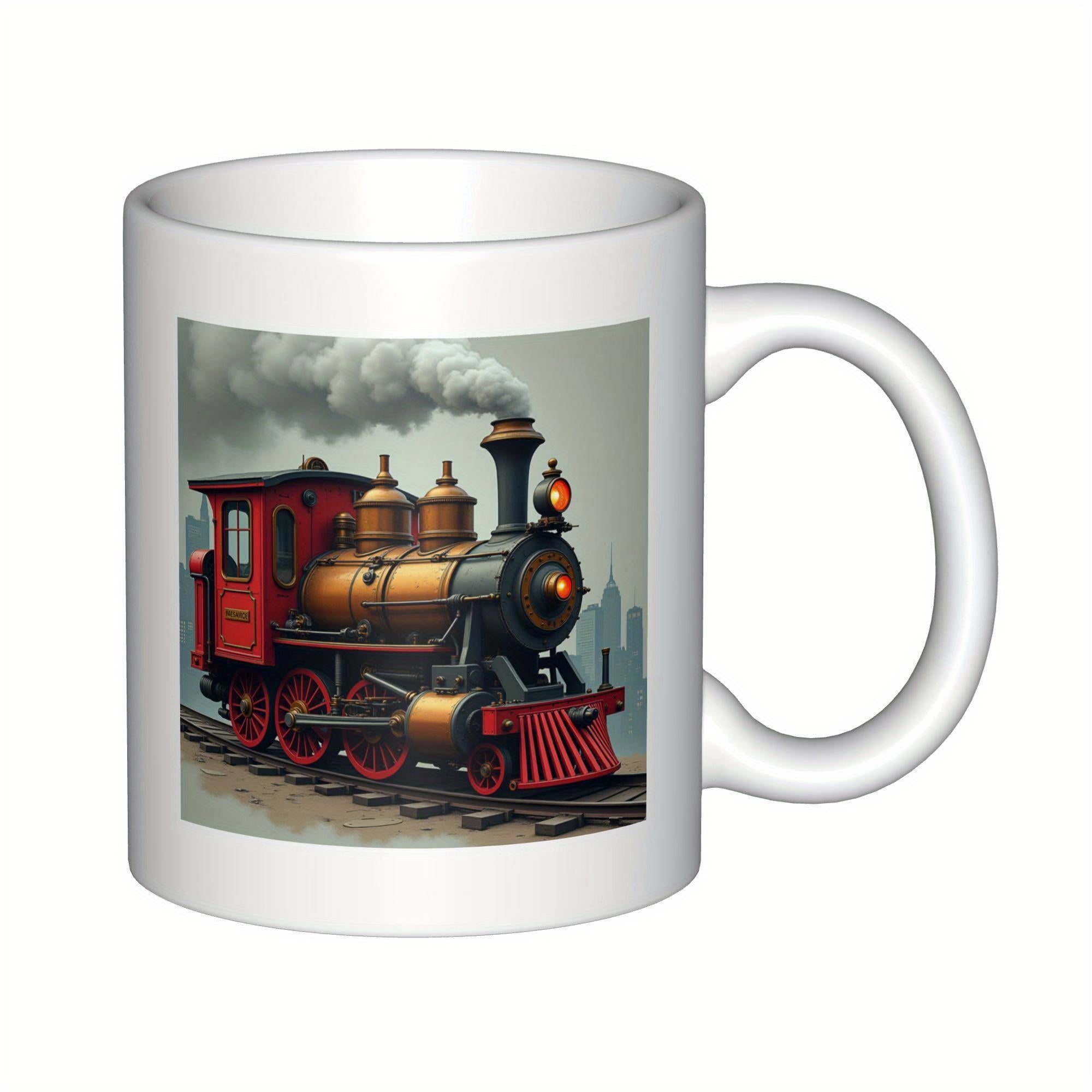Tailorly White Ceramic 11 oz Mug - Vintage Red Steam Locomotive On Railway Tracks Blowing Thick Smoke Train