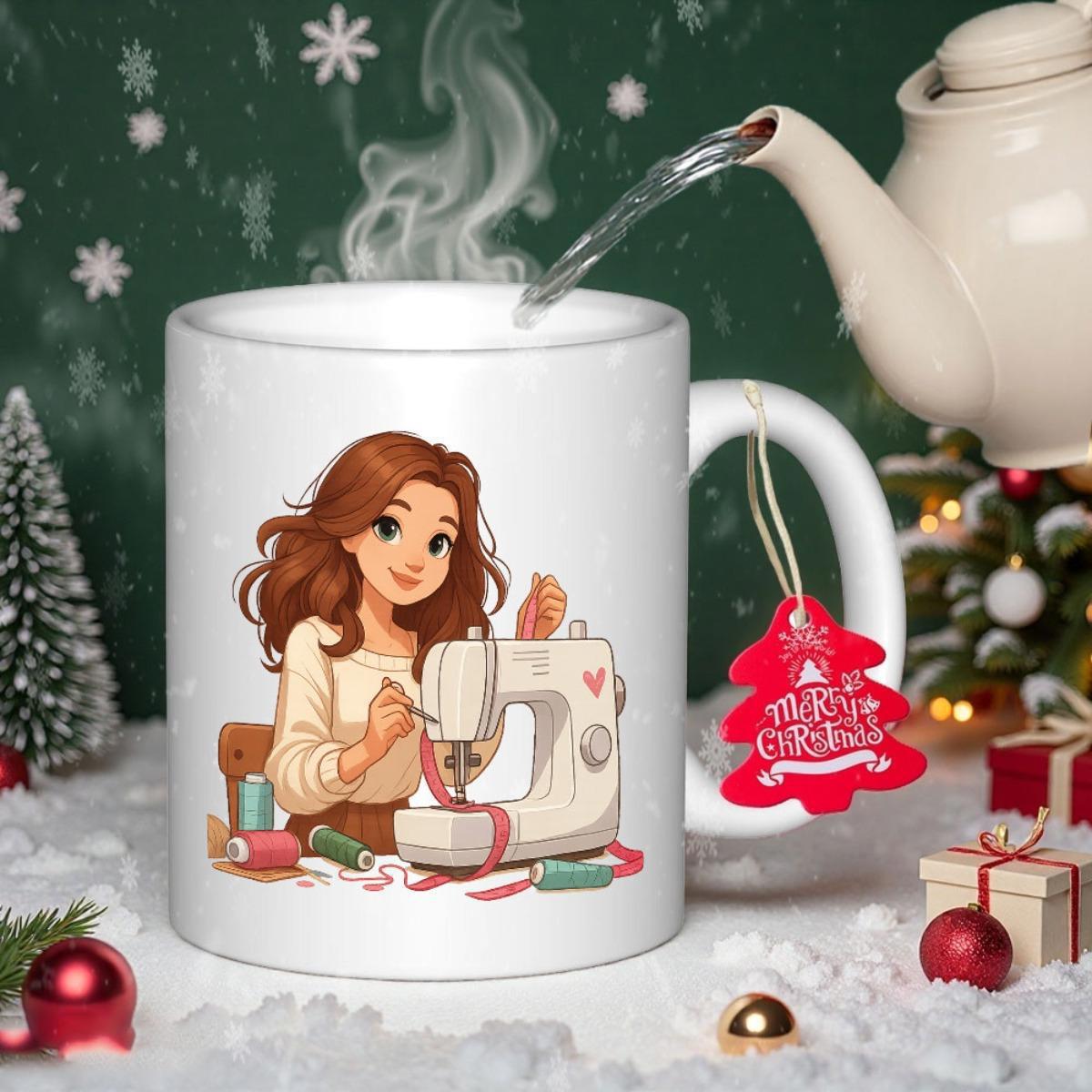 Tailorly White Ceramic 11 oz Mug - Merry Christmas Cute Character Working On Sewing Machine With Colorful Thread Girl