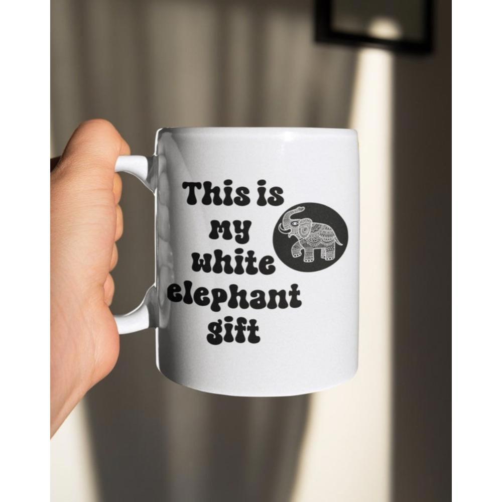 Tailorly White Ceramic 11 oz Mug - This Is My White Elephant Gift Minimalist Black Circular Emblem With A Small Charming Artistic Stylized Elephant