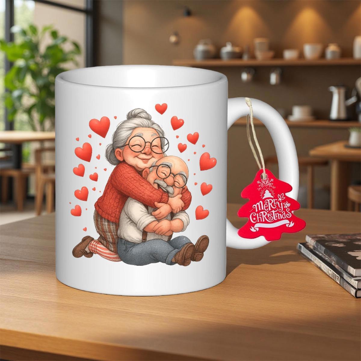 Tailorly White Ceramic 11 oz Mug - Merry Christmas Warmly Embracing Elderly Pair Surrounded By Vibrantly Glowing Red Hearts Couple