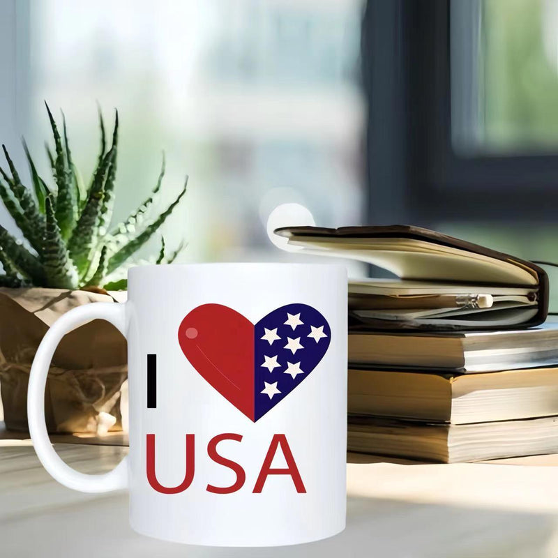 Tailorly White Ceramic 11 oz Mug - I USA Patriotic American Flag Elements Placed Inside A Glossy Symbolic Heart
