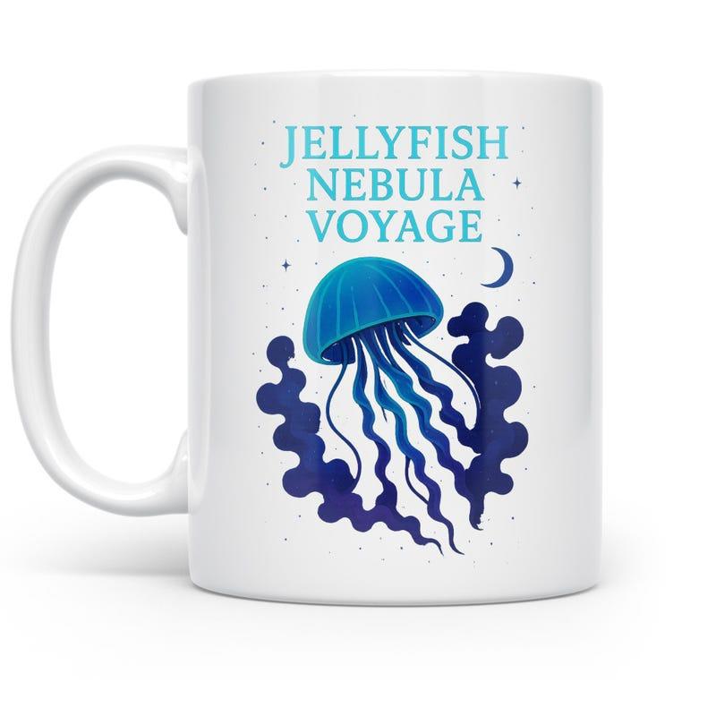 Tailorly White Ceramic 11 oz Mug - Jellyfish Nebula Voyage Glowing Blue Jellyfish Floating Among Starry Moonlit Dark Cosmic Clouds Jellyfish